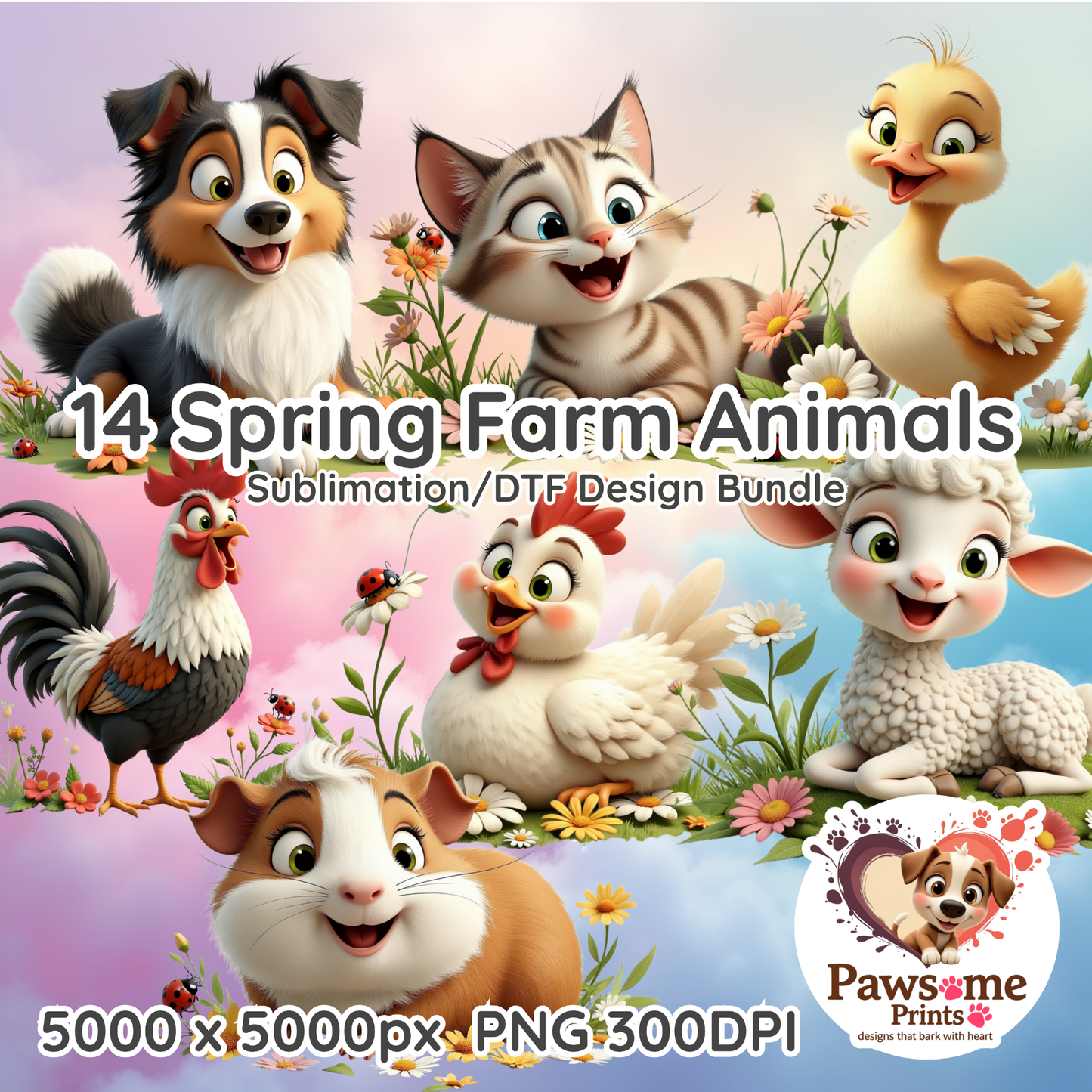 Spring Farm Animals Clipart Bundle β 14 PNGs + Bonus Frog | 5000Γ5000 px | 300 DPI