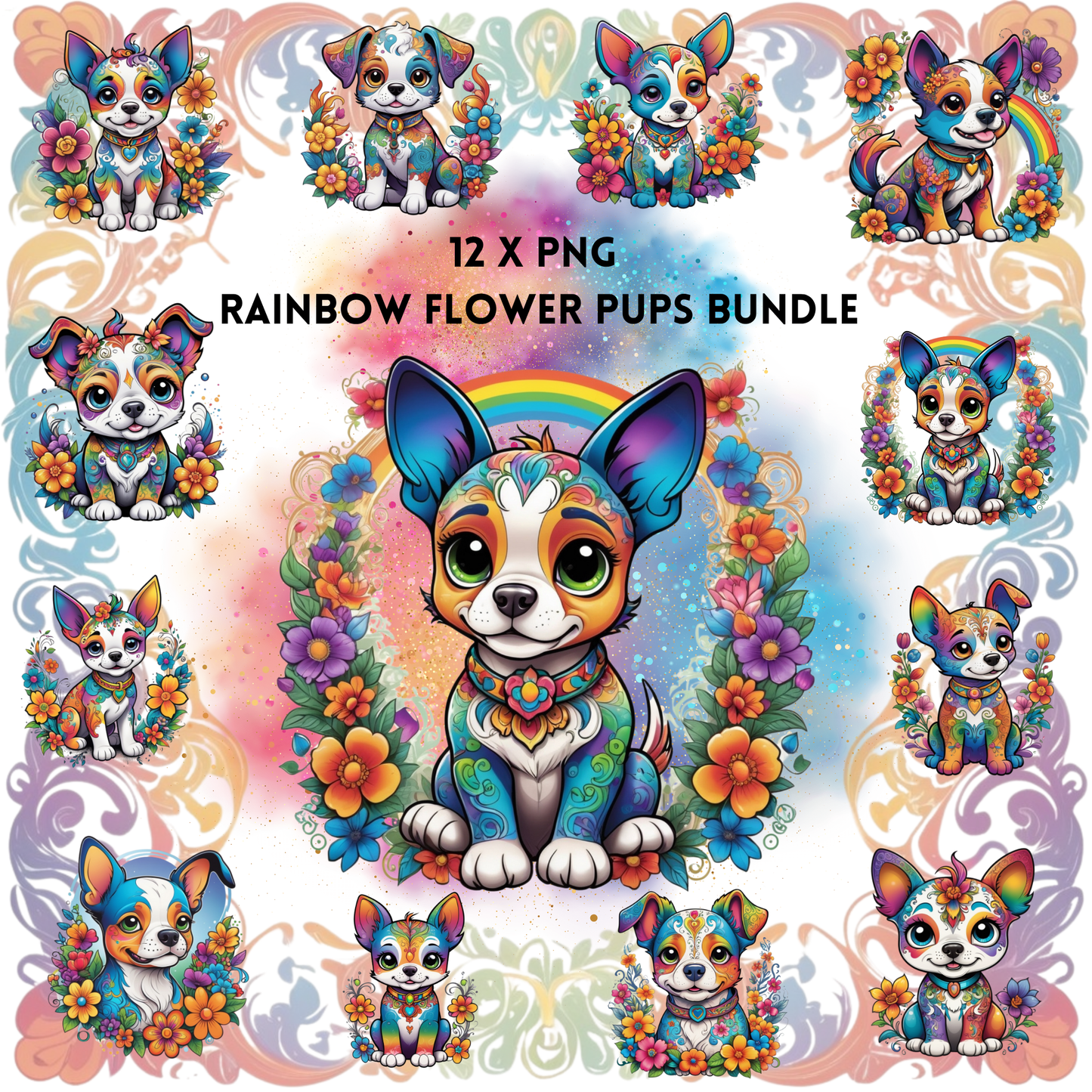 12 x PNG Bundle Rainbow Flower Pups