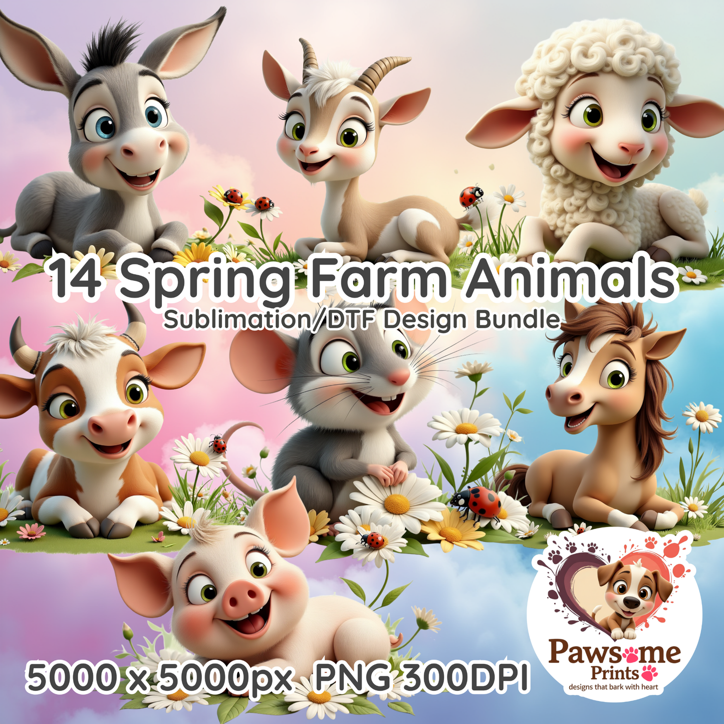 Spring Farm Animals Clipart Bundle β 14 PNGs + Bonus Frog | 5000Γ5000 px | 300 DPI