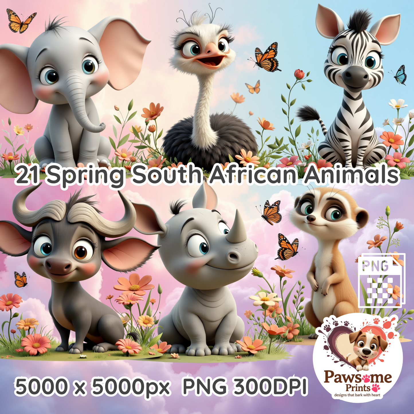 21 Spring South African Animals Clipart Bundle – 5000×5000px PNG | 300 DPI
