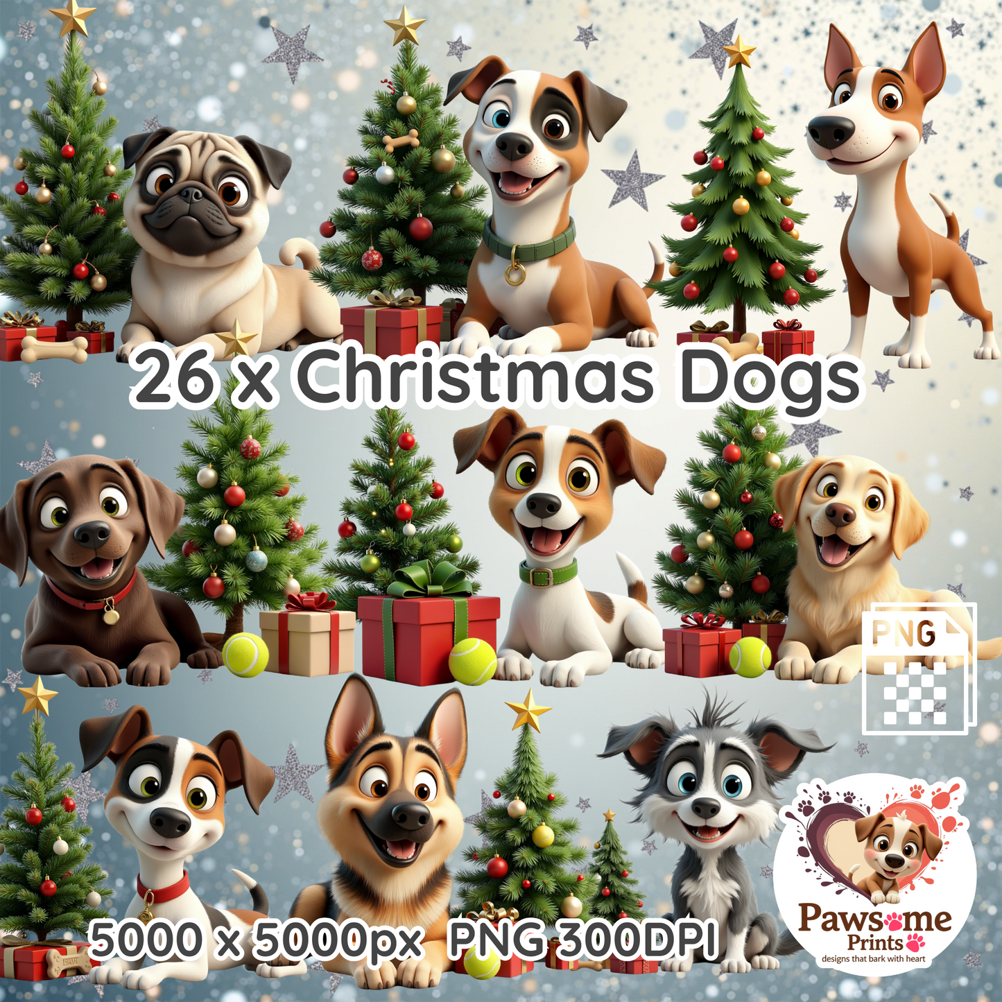 Deck the Halls with Barks & Holly| 26 x Christmas Dogs PNG Bundle | 5000px | 300DPI | Commercial Use