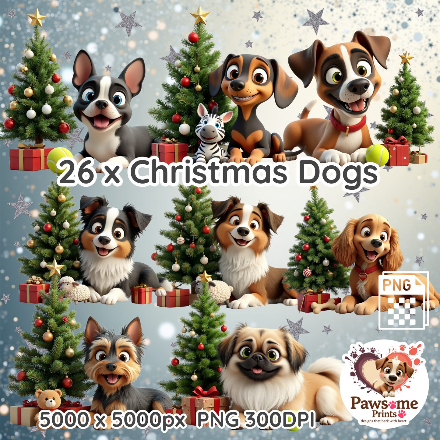 Deck the Halls with Barks & Holly| 26 x Christmas Dogs PNG Bundle | 5000px | 300DPI | Commercial Use