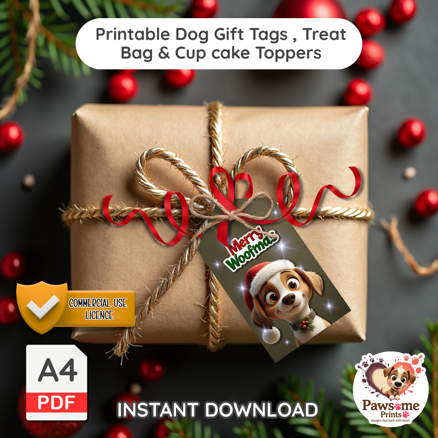 Merry Woofmas – Printable Dog Gift Tags & Bag Toppers (PDF, A4)