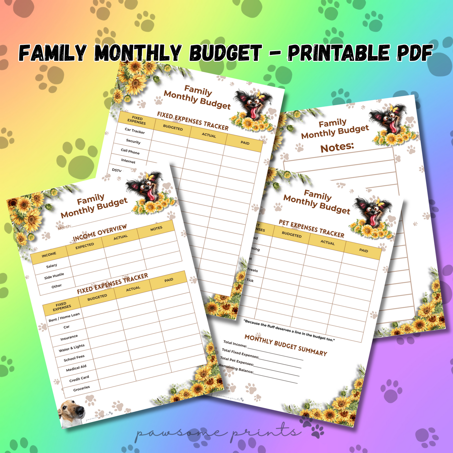 Sunflower Family Monthly Budget Printable