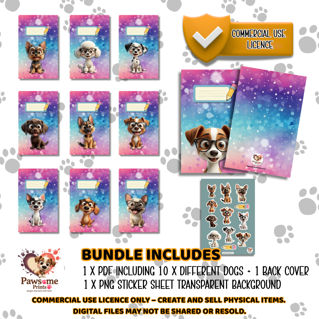 A5 Book Cover Makeover Kit – 10 Doggo Designs + Sticker Sheet (Commercial Use)