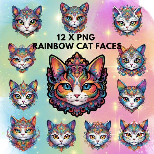 12 PNG Rainbow Cat Faces | Mystical Cat Clipart | Fantasy Cat Digital Art