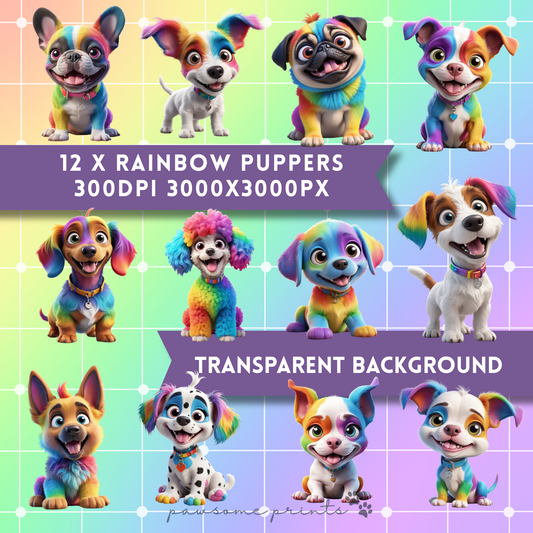 12 x Rainbow Puppers Clipart | 3000 x 3000px | 300DPI | Transparent Background