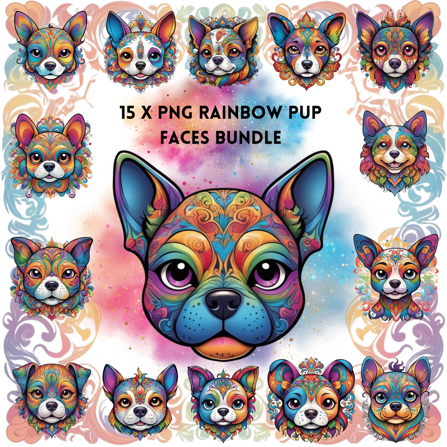 Full Rainbow Pup Faces Bundle - 15 PNG Designs