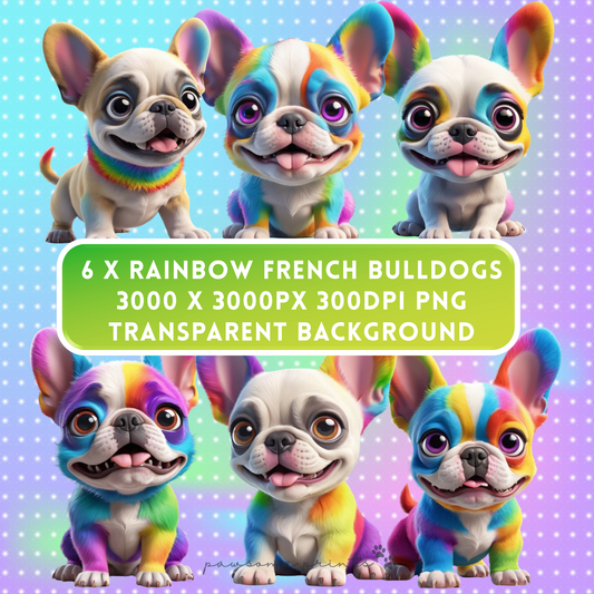 Rainbow French Bulldog Clipart | Colourful Dog PNG Bundle | Digital Download