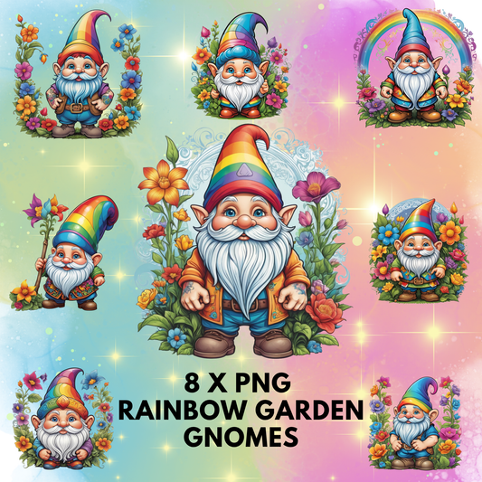 8 x PNG Rainbow Garden Gnomes Clipart Bundle – Cute, Whimsical, Fantasy Gnome Illustrations for Sublimation & Crafts