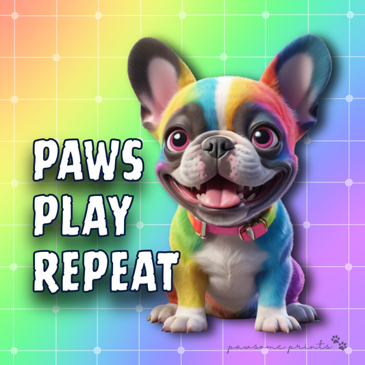 Paws Play Repeat – Fun Rainbow French Bulldog Clipart PNG
