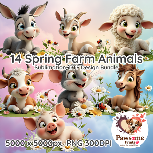 Spring Farm Animals Clipart Bundle – 14 PNGs + Bonus Frog | 5000×5000 px | 300 DPI