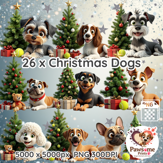 Deck the Halls with Barks & Holly| 26 x Christmas Dogs PNG Bundle | 5000px | 300DPI | Commercial Use