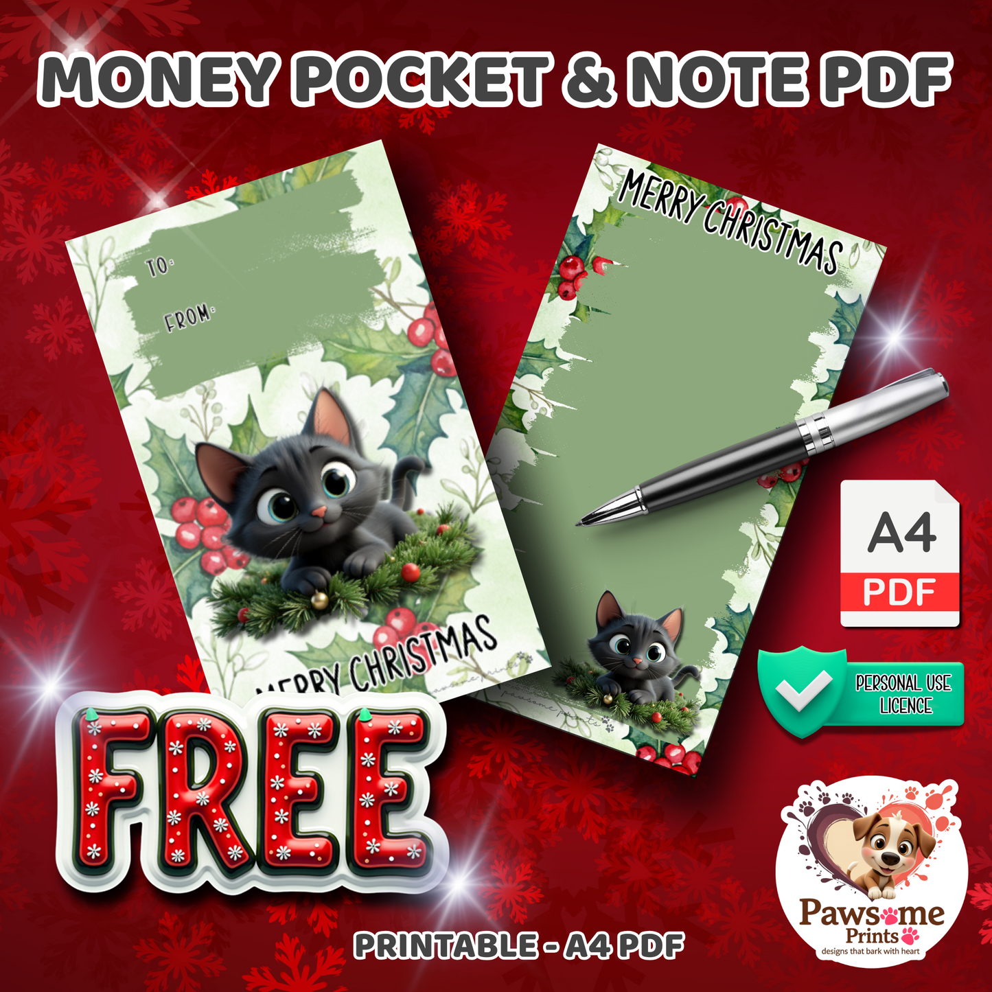 Black Cat Christmas Money Envelope & Note (Printable PDF)