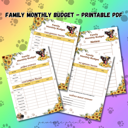 Sunflower Family Monthly Budget Printable