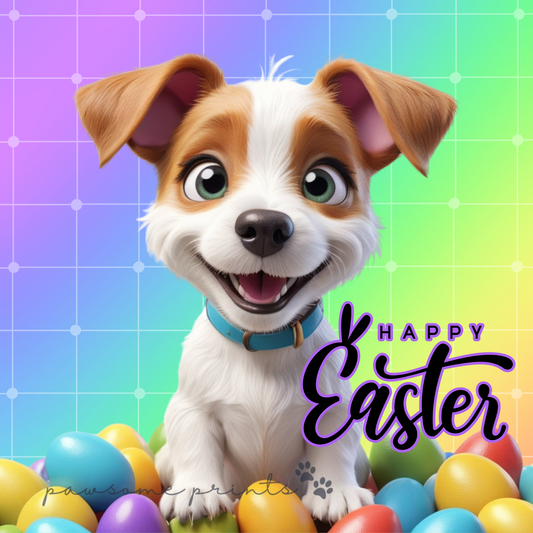 Happy Easter Dog PNG – Cute Cartoon Puppy with Colourful Eggs – 300DPI Printable Design – Support Shelter Dogs