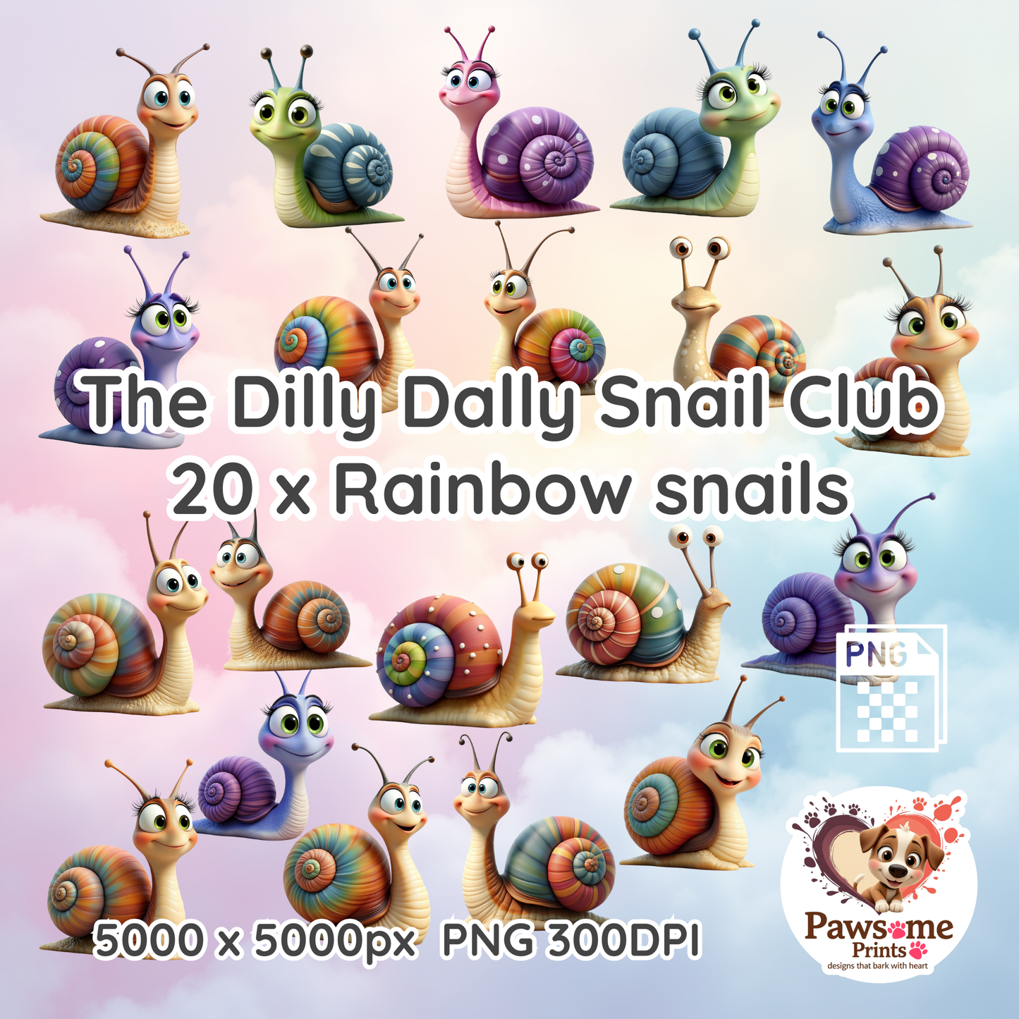 The Dilly Dally Snail Club 20 Rainbow Snail PNG Designs – Commercial Use