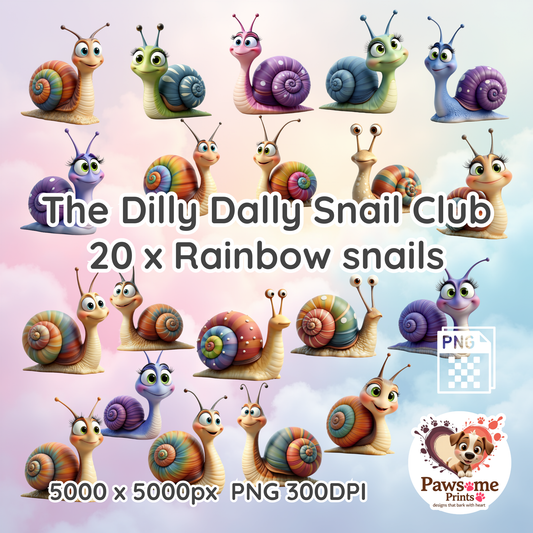 The Dilly Dally Snail Club 20 Rainbow Snail PNG Designs – Commercial Use