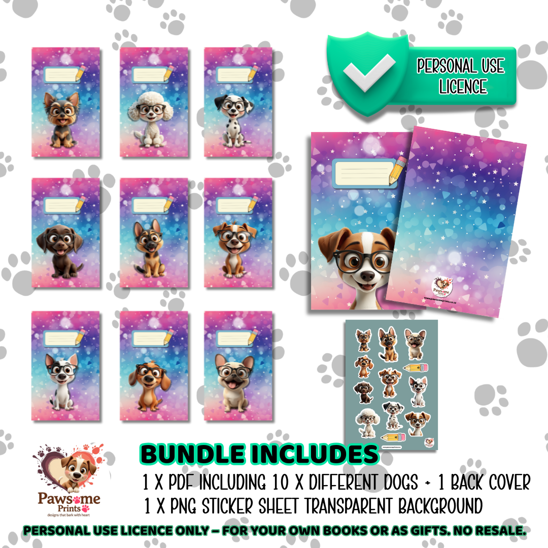 A5 Book Cover Makeover Kit – 10 Doggo Designs + Sticker Sheet (Personal Use)