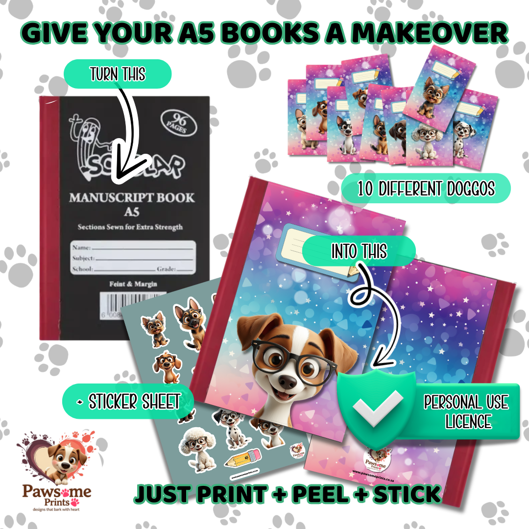 A5 Book Cover Makeover Kit – 10 Doggo Designs + Sticker Sheet (Personal Use)