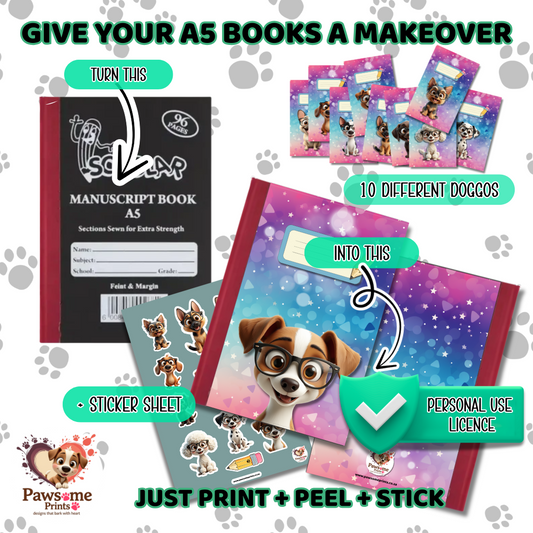 A5 Book Cover Makeover Kit – 10 Doggo Designs + Sticker Sheet (Personal Use)