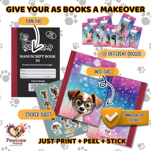 A5 Book Cover Makeover Kit – 10 Doggo Designs + Sticker Sheet (Commercial Use)